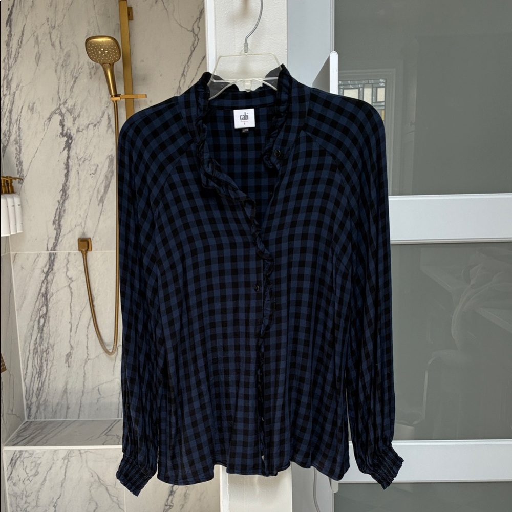 CAbi Navy and Black Gingham Button-Front Blouse